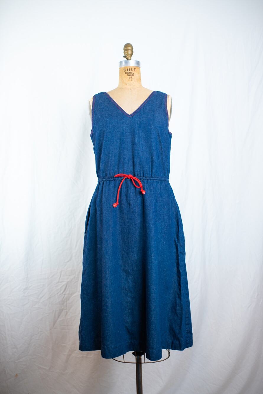 Vintage 90s Denim Jumper Midi Dress Dark Wash Jean Pinafore Red Trim, Cottage, S